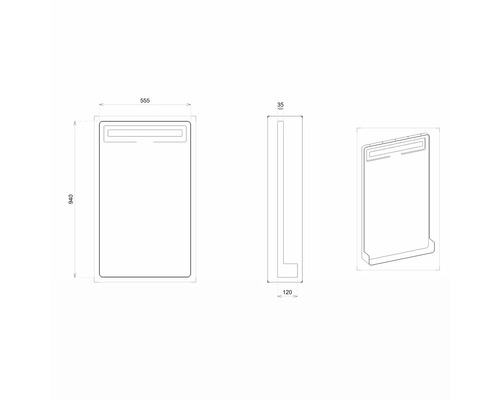 Technický nákres koupelnového zrcadla s LED osvětlením a rozměry 940 x 555 x 35 mm