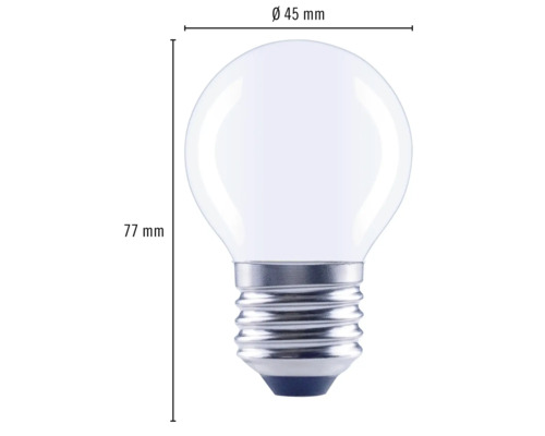 Kulatá žárovka o průměru 45 mm a délce 77 mm.