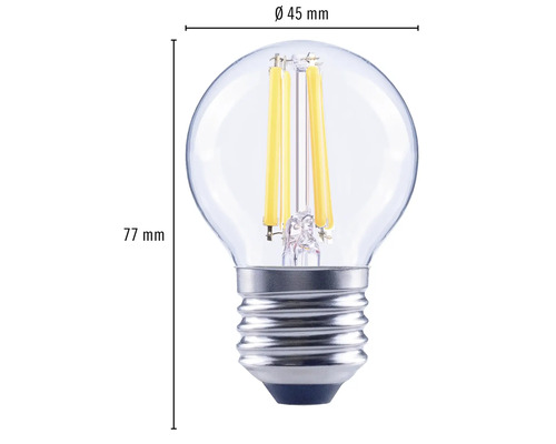 Obrázek žárovky Filament LED o rozměrech 45 mm v průměru a 77 mm na délku.