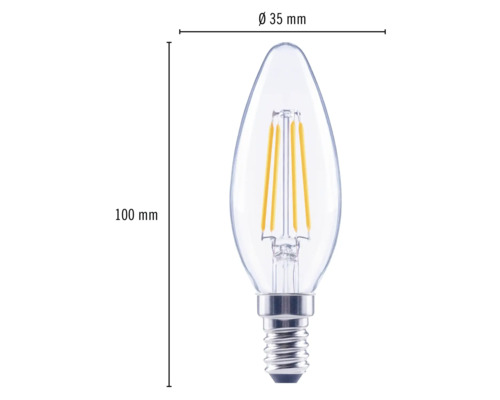 LED žárovka ve tvaru kapky s paticí E14, rozměry 100 mm x 35 mm