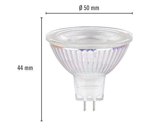 Žárovka MR16 o průměru 50 mm a výšce 44 mm