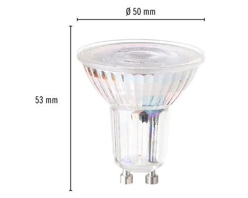 Žárovka GU10 o rozměrech 50 mm v průměru a 53 mm na výšku