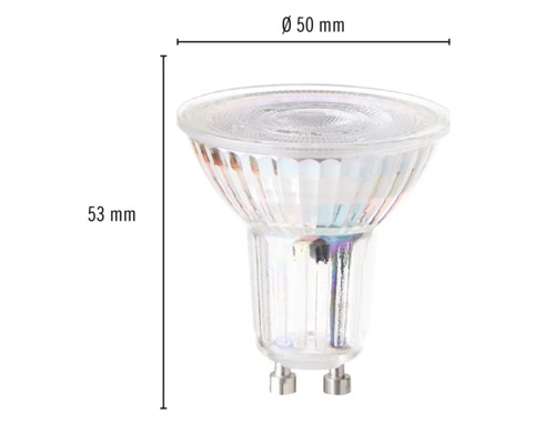 Žárovka GU10 o rozměrech 50 milimetrů v průměru a 53 milimetrů na výšku