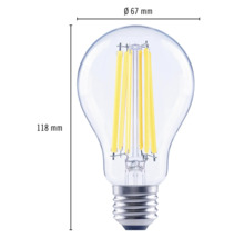 LED žárovka o rozměrech 118 mm výška a 67 mm průměr