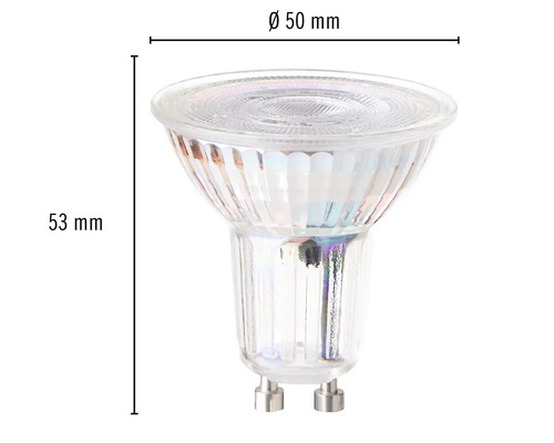 Halogenová žárovka GU10 o průměru 50 mm a výšce 53 mm