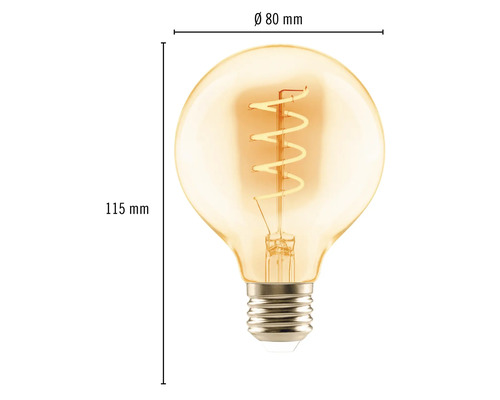 Žárovka ve tvaru koule o rozměrech 80 mm v průměru a 115 mm na výšku.