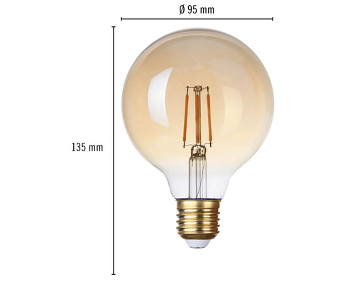 Dekorativní vláknová žárovka o rozměrech 95 mm v průměru a 135 mm na výšku