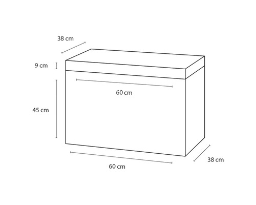 Ilustrace úložného boxu o rozměrech 60 cm délka, 38 cm šířka a 45 cm výška.