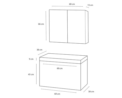 Nákres skříňky pod umyvadlo se skříňkou pod umyvadlo a zrcadlovou skříňkou s rozměry