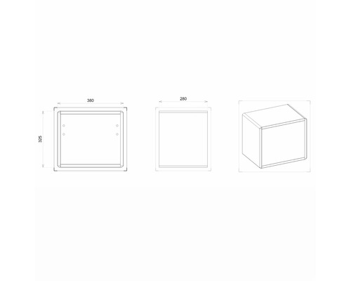 Technický nákres nástěnné instalace pro venkovní použití o rozměrech 380 x 325 x 280 milimetrů.