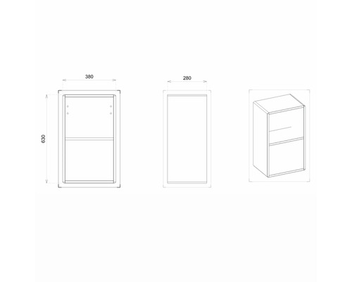 Technický nákres závěsné koupelnové skříňky s rozměry