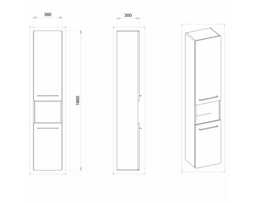 Nákres vysoké koupelnové skříňky o rozměrech 1860 x 380 x 300 milimetrů.