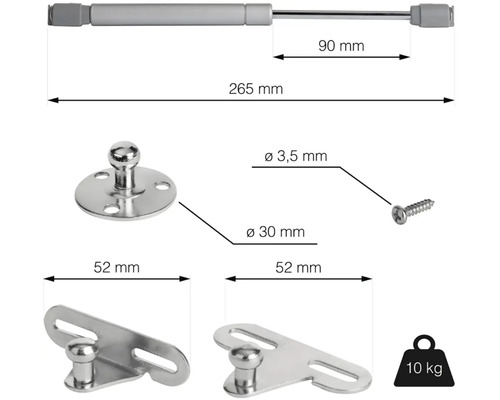 Plynová pružina s montážním příslušenstvím a rozměry