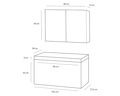 Technický nákres koupelnové skříňky o rozměrech 80 cm šířka, 66 cm výška a 13 cm hloubka a skříňky pod umyvadlo o rozměrech 79,5 cm šířka, 45 cm výška a 37,5 cm hloubka.