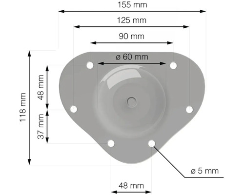 Technický výkres nábytkového kolečka s rozměry 155 mm šířka, 118 mm výška a průměr otvoru pro šroub 5 mm