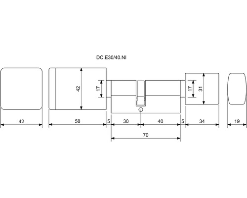 Technický výkres cylindrické vložky zámku s rozměry