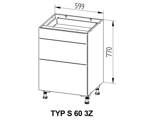Technický nákres spodní skříňky se třemi zásuvkami, rozměry 599x770 mm.