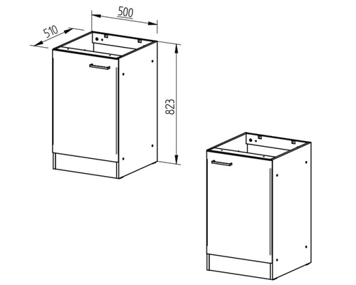 Technický nákres spodní skříňky s rozměry