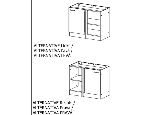 Rohová spodní skříňka s variantami levých a pravých dveří jako schematický nákres