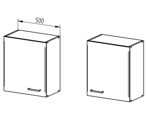 Nákres dvou horních skříněk o šířce 500 milimetrů.