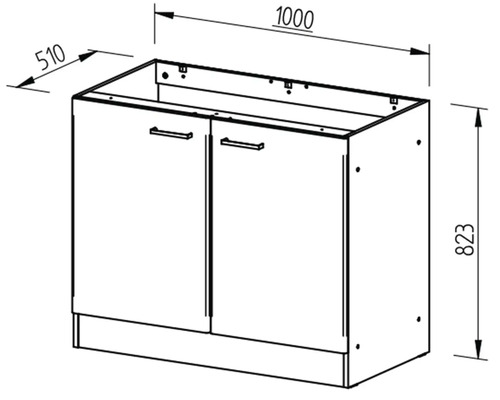 Technický nákres skříňky pod umyvadlo o rozměrech 1000 x 510 x 823 mm.