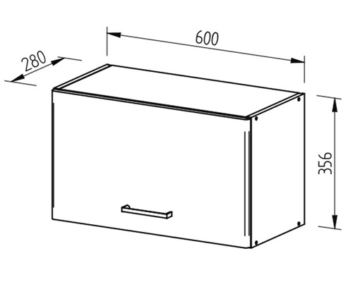Technický nákres závěsné skříňky s úchytkou a rozměry