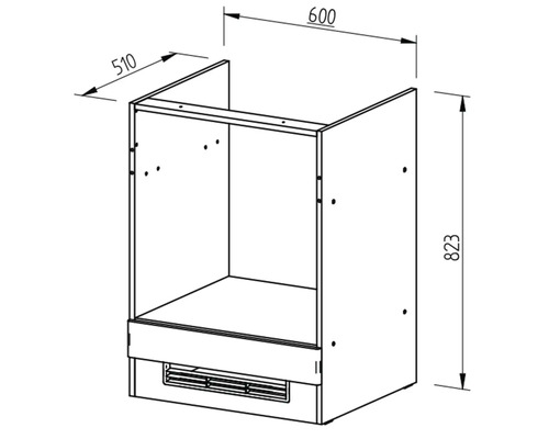 Obrázek kuchyňské skříňky o rozměrech 600, 510 a 823 milimetrů.