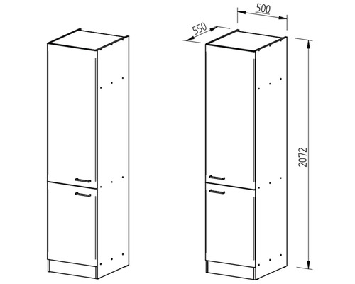Nákres vysoké kuchyňské skříně s rozměry 2072 x 550 x 500 milimetrů