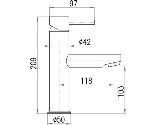 Technický výkres umyvadlové baterie s rozměry