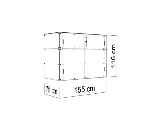Obrázek zahradní skříně o rozměrech 116 cm výška, 155 cm šířka a 75 cm hloubka.