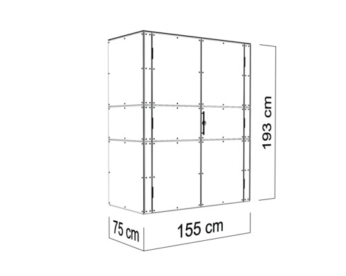 Detailní zobrazení skříně o rozměrech 193 cm výška, 155 cm šířka a 75 cm hloubka.