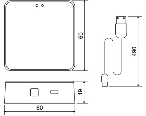 Technický nákres zařízení s USB kabelem a rozměry