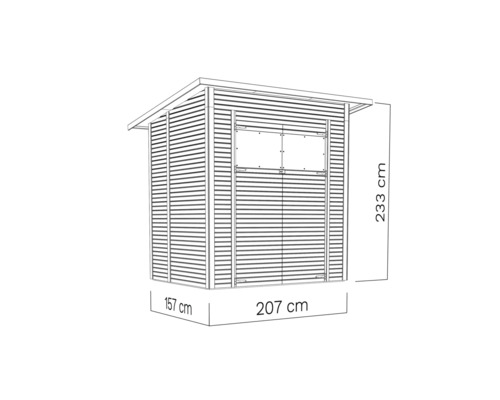 Obrázek zahradního domku o rozměrech 157 krát 207 krát 233 centimetrů