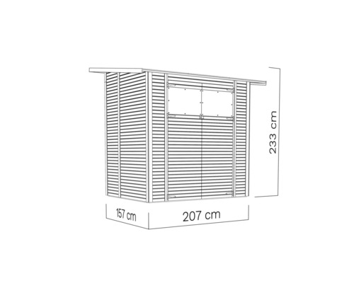 Ilustrace zahradního domku o rozměrech 233 cm výška, 157 cm hloubka a 207 cm šířka