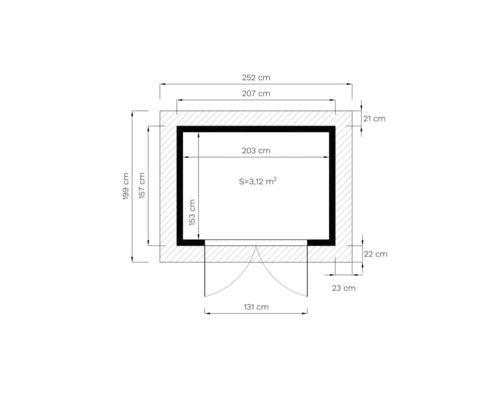 Půdorys s rozměry v centimetrech a údajem o ploše v metrech čtverečních