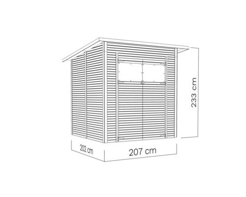 Zahradní skříňka ze dřeva o rozměrech 202 krát 207 krát 233 centimetrů.