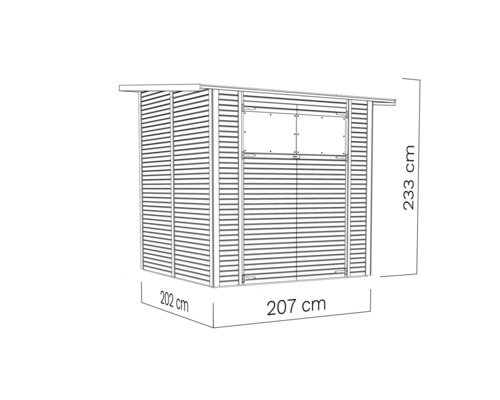 Ilustrace zahradního domku o rozměrech 233 cm výška, 207 cm šířka a 202 cm hloubka.