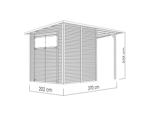 Ilustrace zahradního domku o šířce 202 centimetrů, hloubce 370 centimetrů a výšce 233 centimetrů.