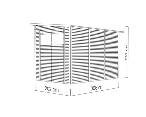 Ilustrace zahradního domku o rozměrech 202 centimetrů krát 306 centimetrů krát 233 centimetrů.