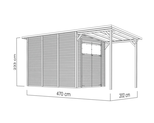 Ilustrace zahradního domku s výškou 233 cm, šířkou 470 cm a hloubkou 202 cm.