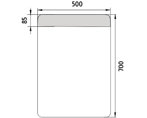 Technický výkres s rozměry: 700 x 500 x 85 milimetrů