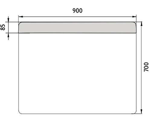 Technický výkres koupelnového zrcadla o rozměrech 900 x 700 x 85 mm.