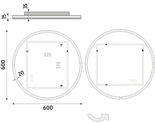 Technický nákres kulatého zrcadla s rozměry.