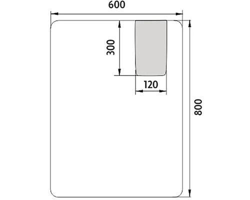 Technický výkres s rozměry: šířka 600 mm, výška 800 mm, vybrání hluboké 300 mm a široké 120 mm