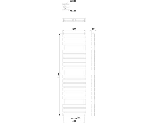 Technický nákres radiátoru na ručníky s rozměry.