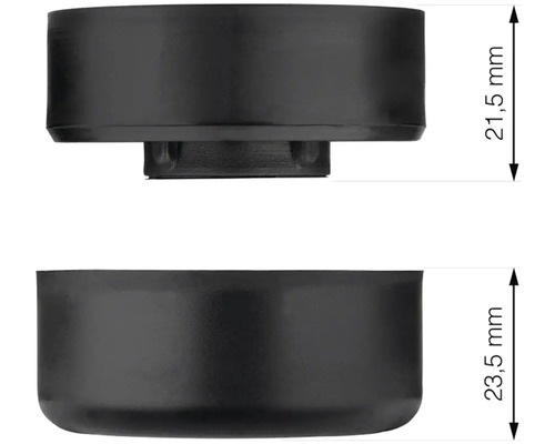 Černé nožičky spotřebičů o rozměrech 21,5 mm a 23,5 mm.