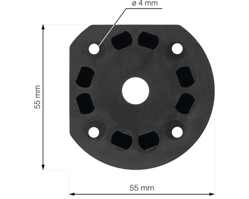 Černá montážní patka s upevňovacími otvory o rozměrech 55 krát 55 milimetrů.