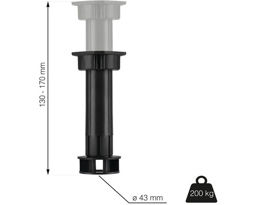 Nastavitelná noha o rozměrech 130 až 170 milimetrů na výšku a 43 milimetrů v průměru, nosnost až 200 kilogramů