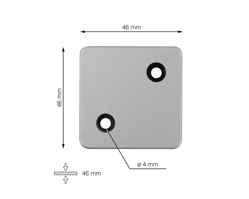 Čtvercová deska se dvěma otvory a rozměry: 46 mm x 46 mm, průměr otvoru 4 mm.