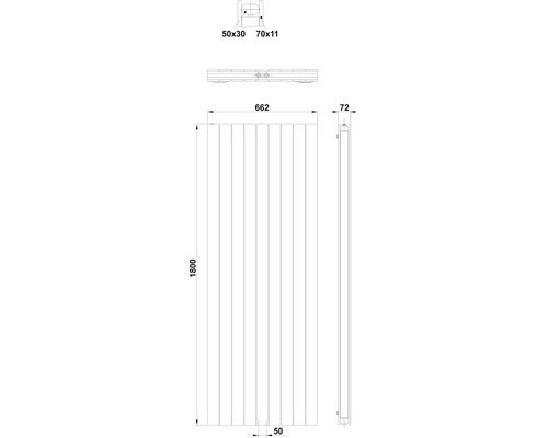 Technický výkres topného tělesa s rozměry.